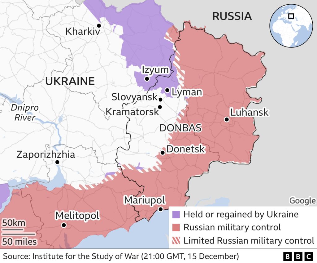 Map showing territorial control in eastern Ukraine