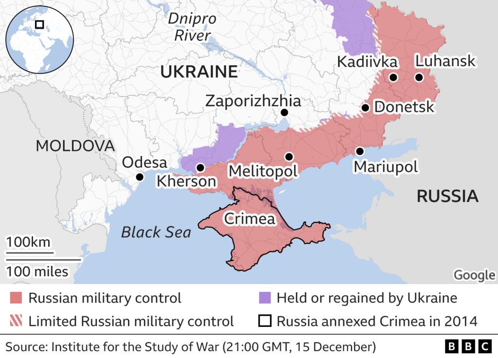 A map showing the areas of Ukraine held by Russia