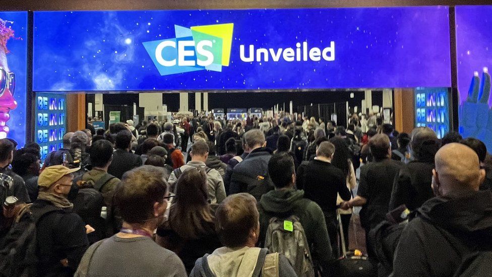 The entrance to the CES Unveiled Event, with many people crowding to enter