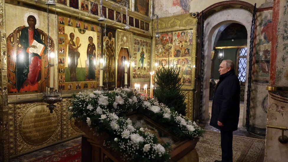 Inside the Kremlin, President Vladimir Putin cut a solitary figure as he attended a service at the Annunciation Cathedral. He had sought to declare a brief ceasefire in Ukraine to mark the occasion, but was rejected by Kyiv.