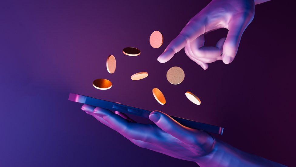 Artwork of hands with coins and a mobile phone
