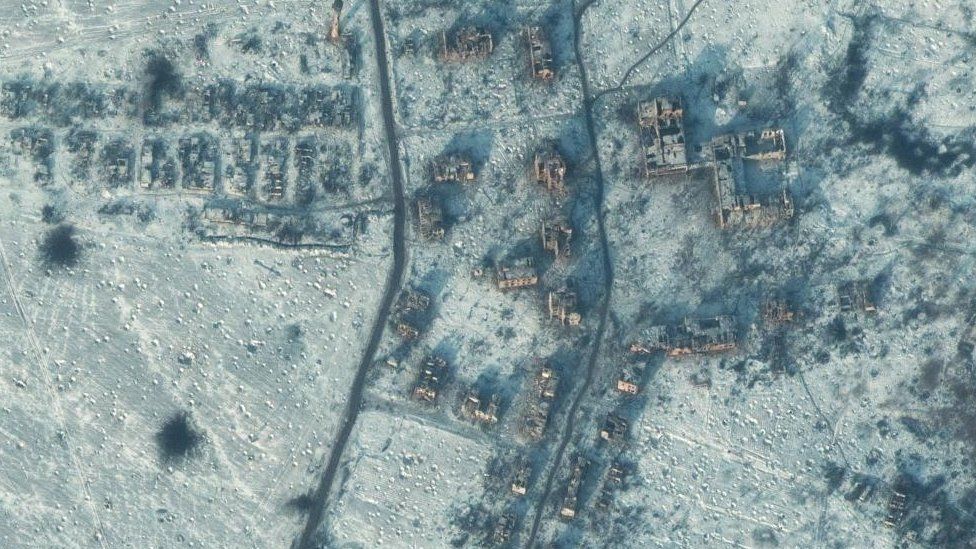 Soledar has been devastated by Russia's bombardment, as shown by this satellite image from Tuesday