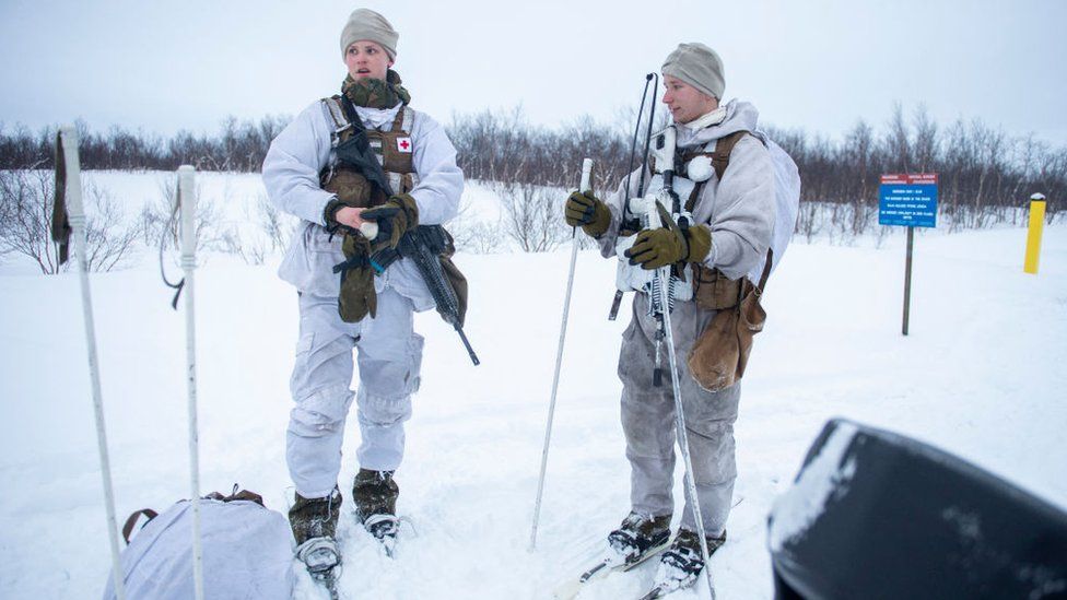 Norwegian troops on patrol along the heavily guarded Russian border