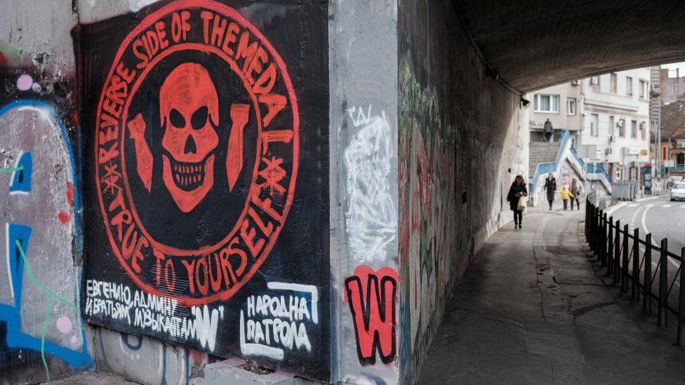 The Wagner group's death's-head mural appeared on a wall in Belgrade signed by an extremist group