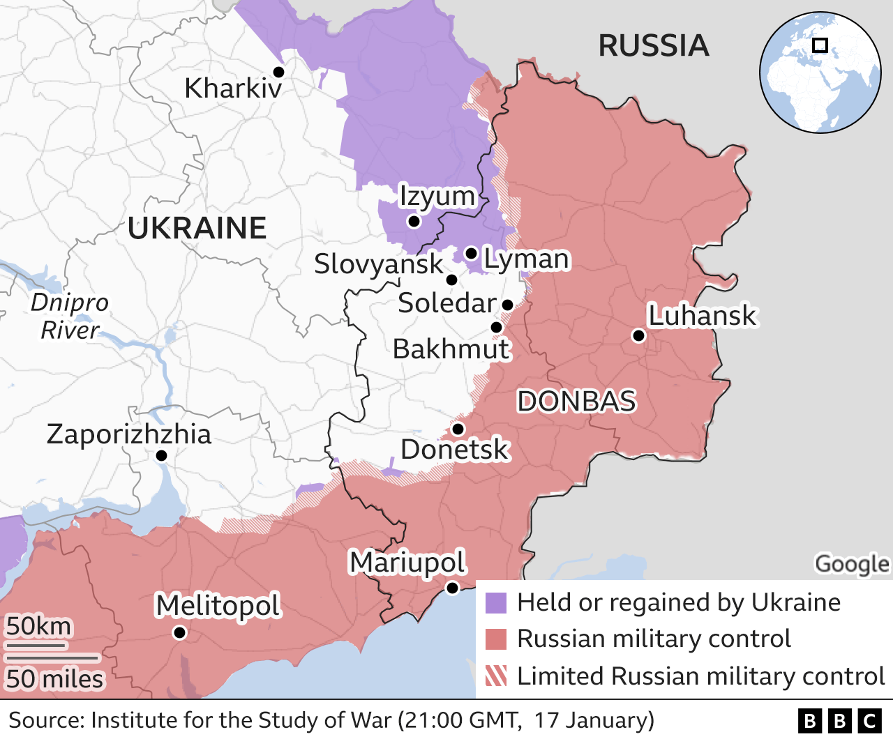 Map shows the town of Lyman, in the eastern Donbas region of Ukraine
