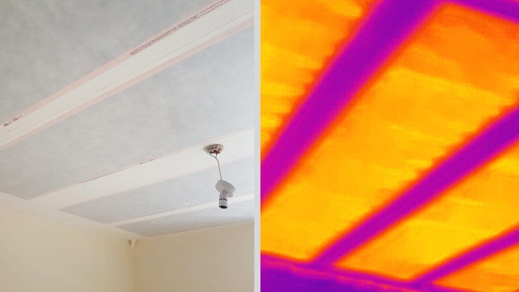 A thermal-imaging camera reveals the heating effect of electric infrared wallpaper in action, in this case, installed on a ceiling