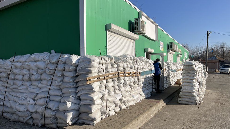 Sandbags protect a number of buildings now throughout the Russian border town