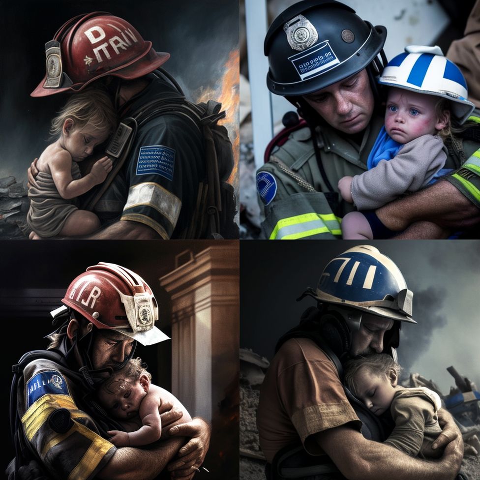 AI generated images of a firefighter rescuing a young child