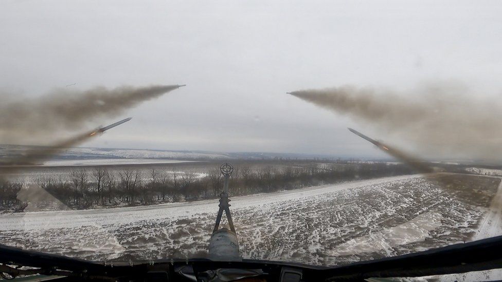 The helicopter fires missiles during a sortie in eastern Ukraine