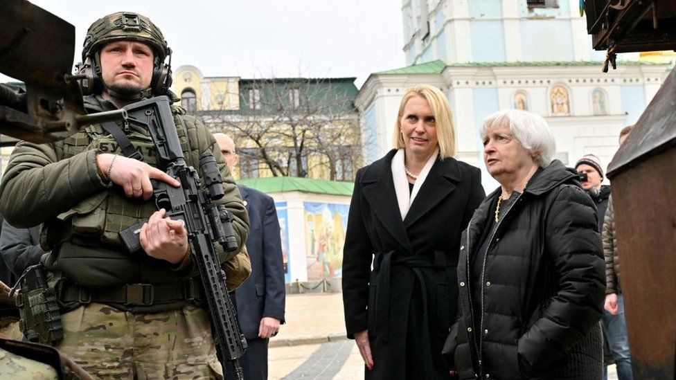 US Treasury Secretary Janet Yellen (R) made a surprise visit to Kyiv on Monday