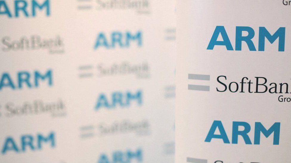 An ARM and SoftBank Group branded board is displayed at a news conference in 2016