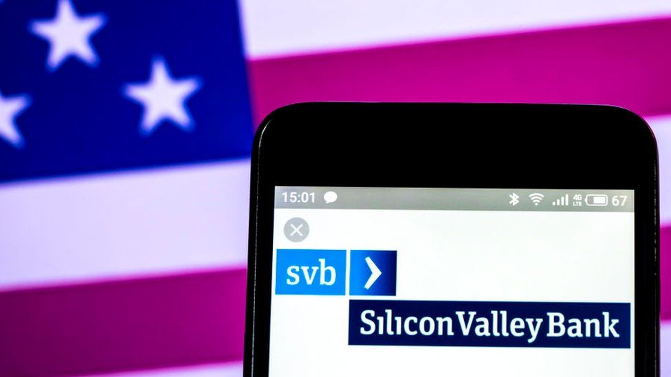 The Silicon Valley Bank logo seen displayed on a smartphone.