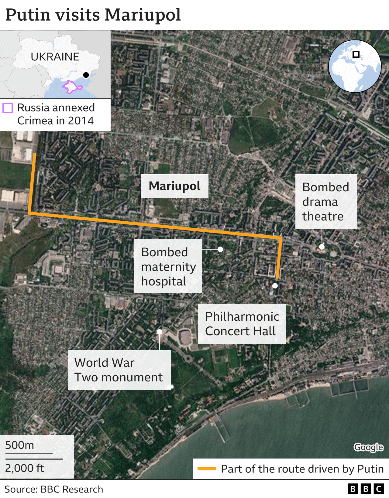 Map showing key sites Putin visited in Mariupol