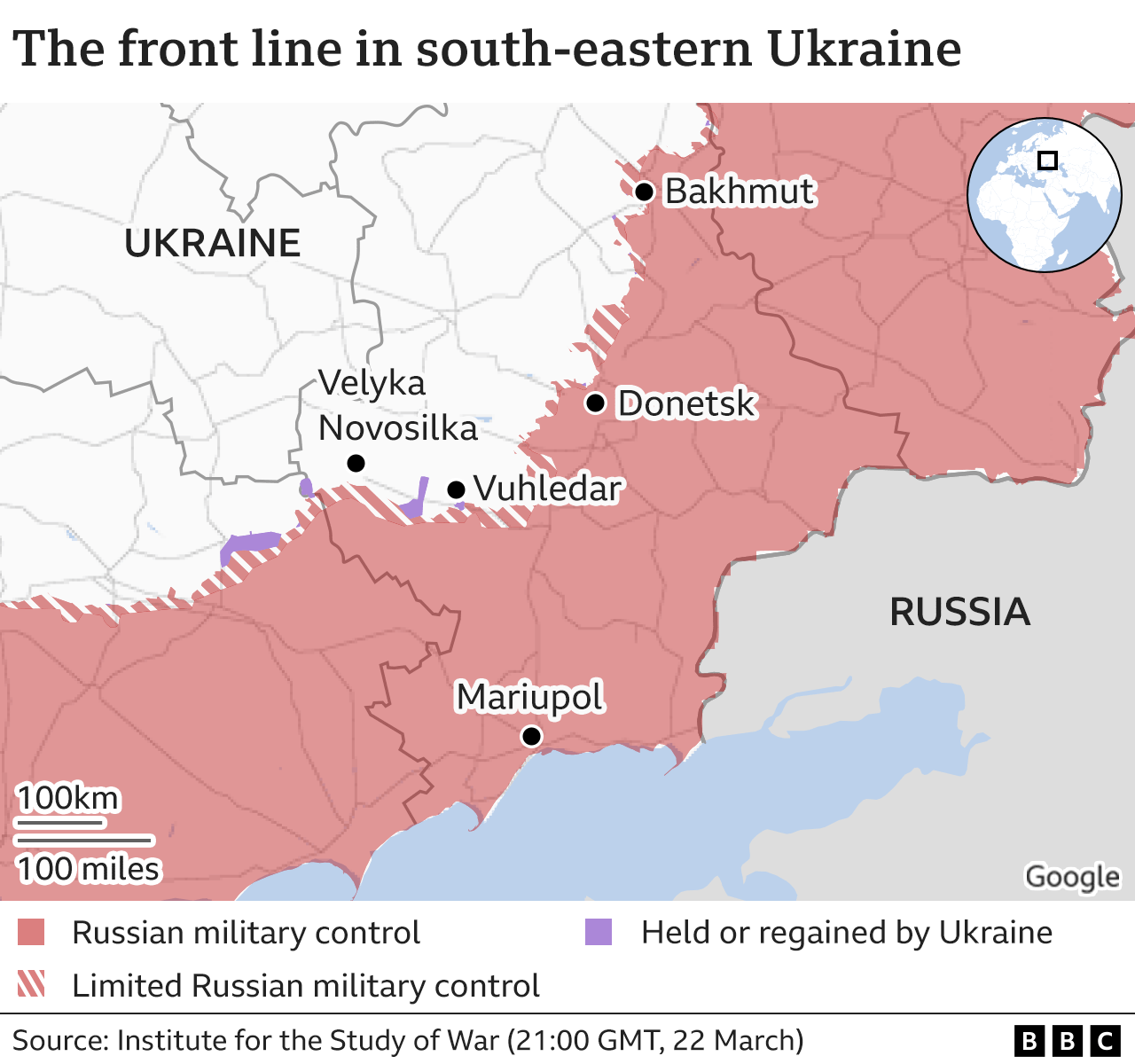 Карта линии фронта на юго-востоке Украины - показывает районы, находящиеся под контролем российских военных, и несколько мест, включая Донецк и Мариуполь.