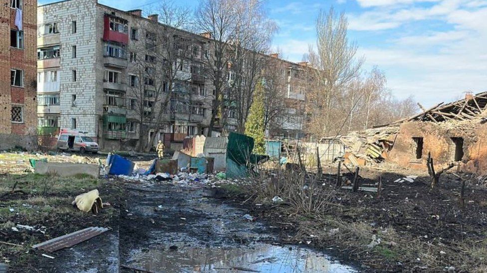 Ruined apartment blocks in Kostyantynivka