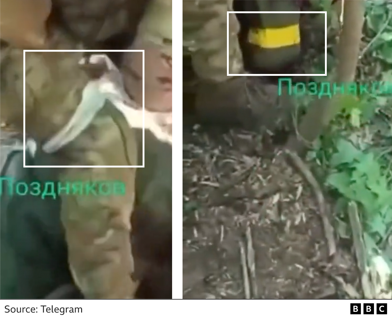 Video frames showing a yellow armband and white cloth leg wrapping used by Ukrainian and Russian soldiers respectively