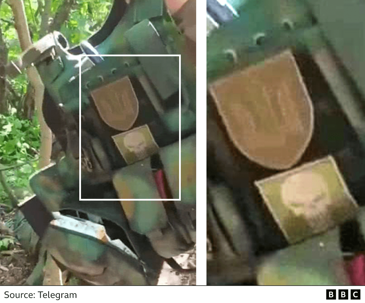 Video frame showing patches worn on a piece of body armour held up in front of the camera
