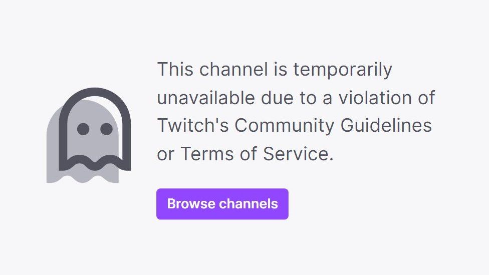 An error message reading: This channel is temporarily unavailable due to a violation of Twitch's Community Guidelines