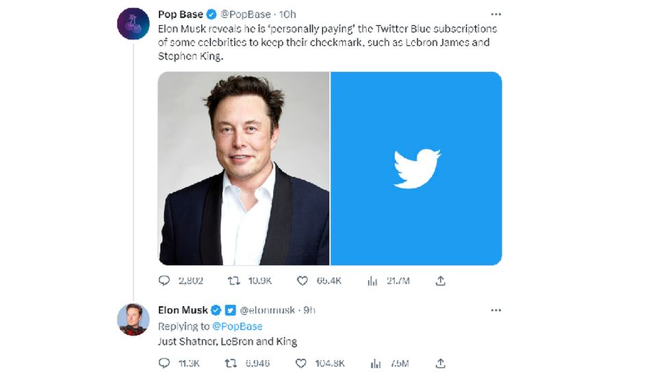 A screenshot of Elon Musk's tweet saying he has paid for Twitter Blue subscriptions for William Shatner, LeBron James and Stephen King