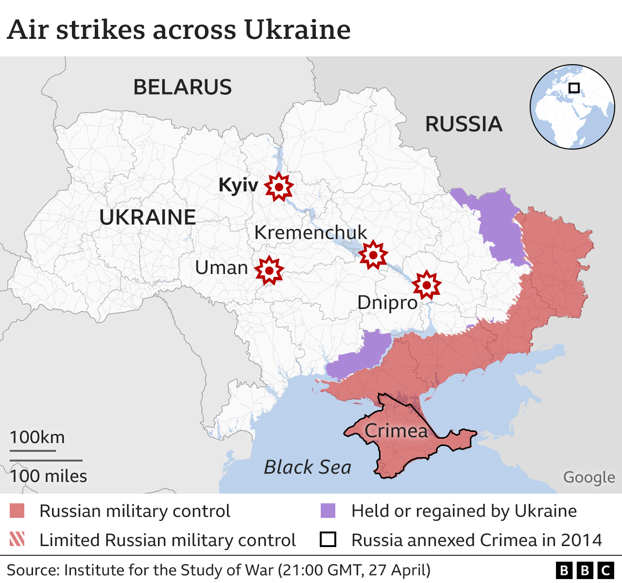 Карта, показывающая места нанесения российских авиаударов в Украине