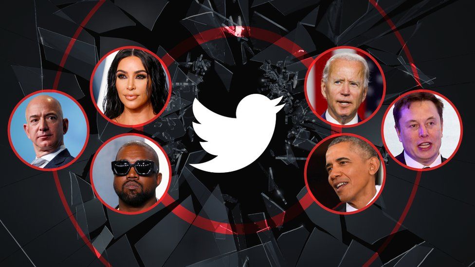 A photo illustration shows a range of celebrities - Kim Kardashian, Joe Biden, Elon Musk, Barack Obama, Kanye West, and Jeff Bezos - arrayed around a shattered glass image with the Twitter logo at its centre