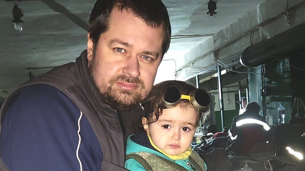 Ihor Khadzhava and his daughter in the Azovstal shelter