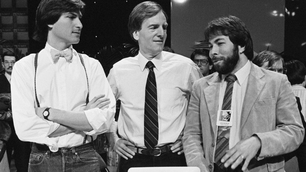 Steve Jobs, former Apple chief executive John Sculley and Steve Wozniak at an Apple event in 1984