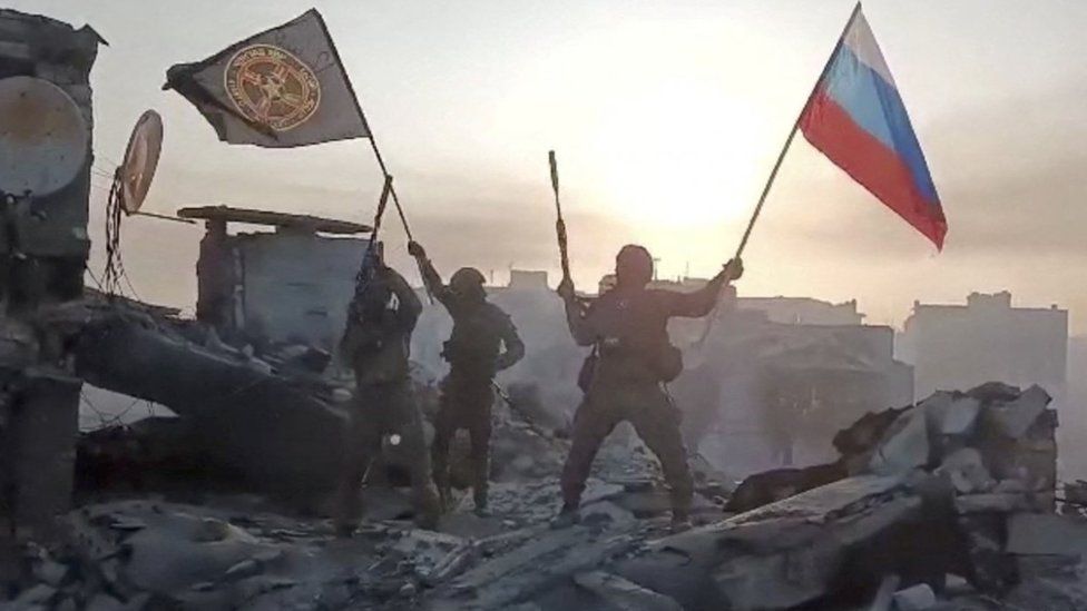 A still from a video released by Wagner over the weekend, where the group claimed to have taken control of Bakhmut