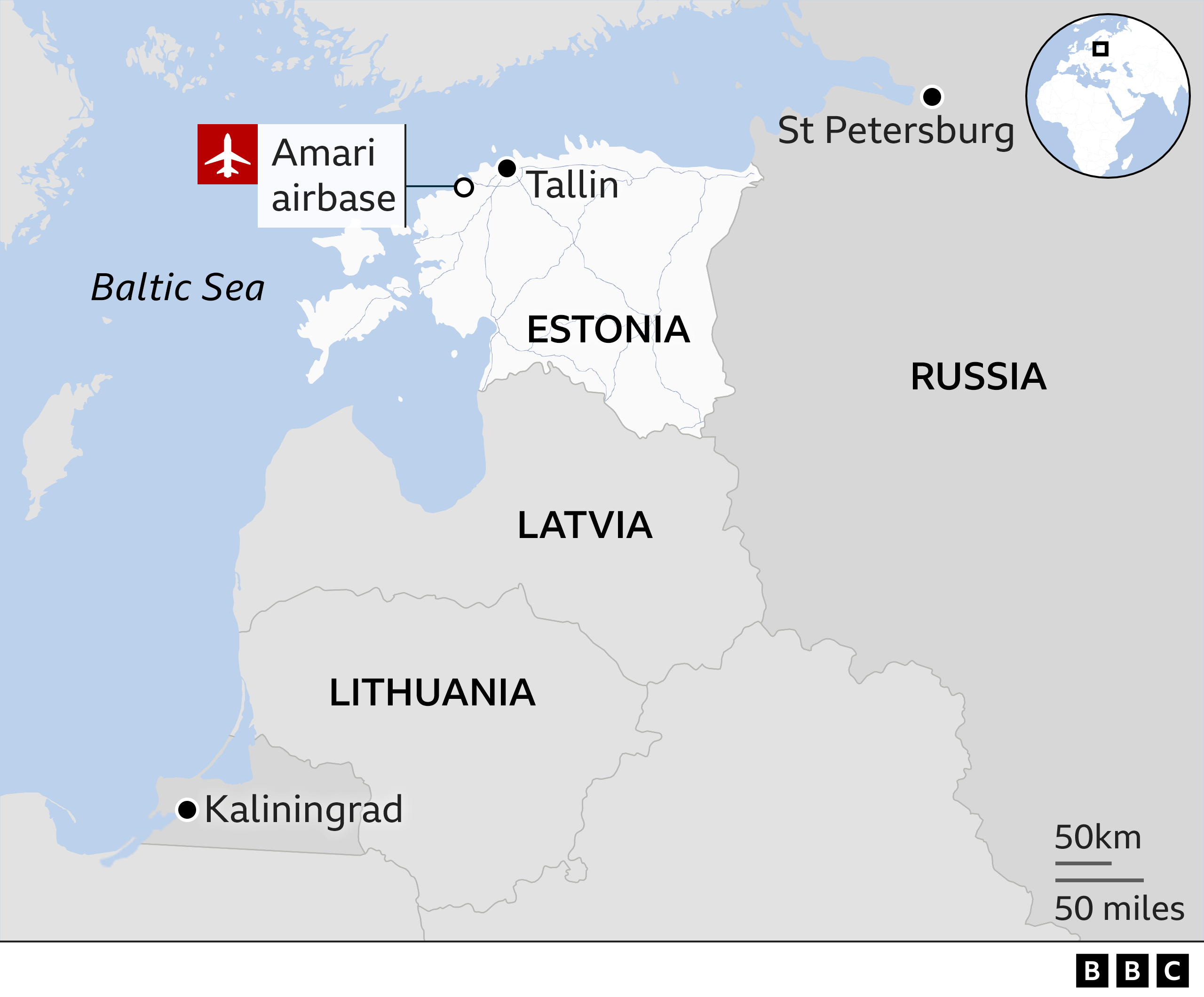 Map showing the Amari airbase in Estonia, alongside other Baltic states and the border with Russia