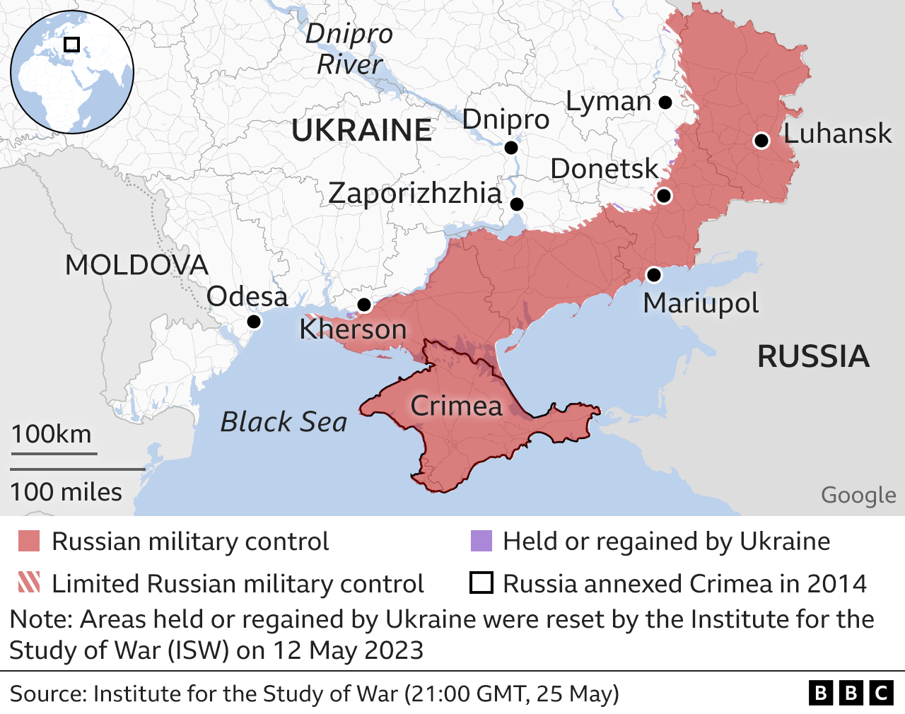 Map showing areas under Russian control in Ukraine