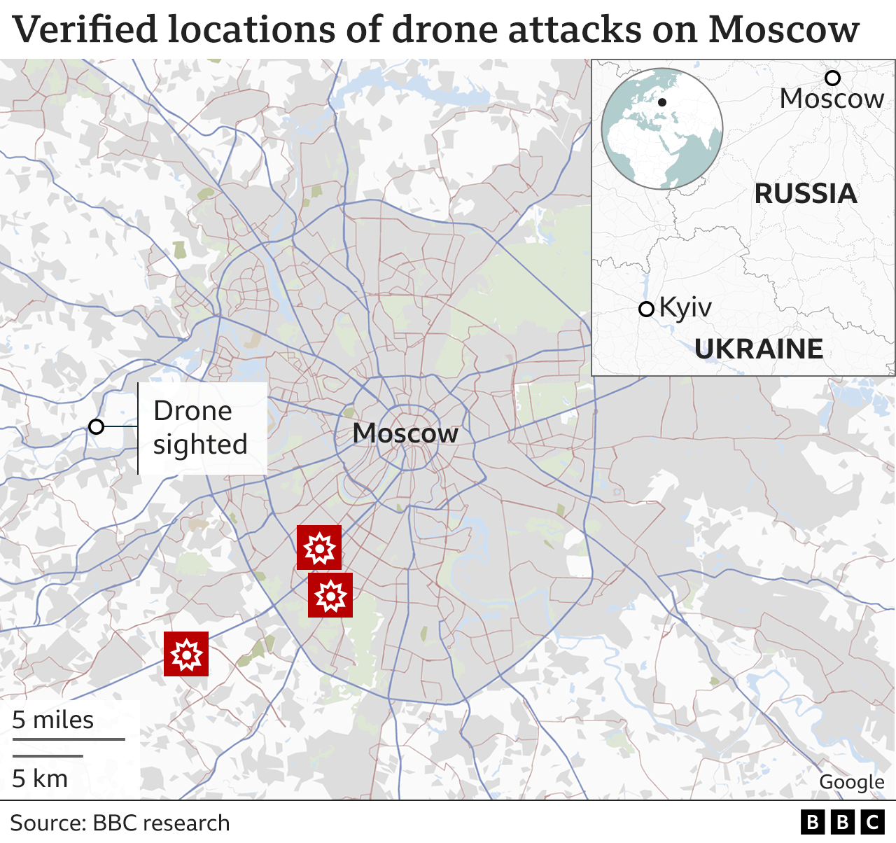 Карта, показывающая места подтвержденных атак беспилотников в Москве