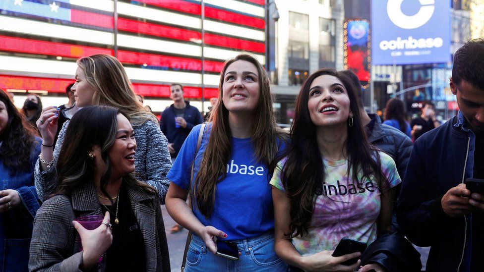 Coinbase staff in New York ahead of the crypto firm's listing on the Nasdaq in 2021