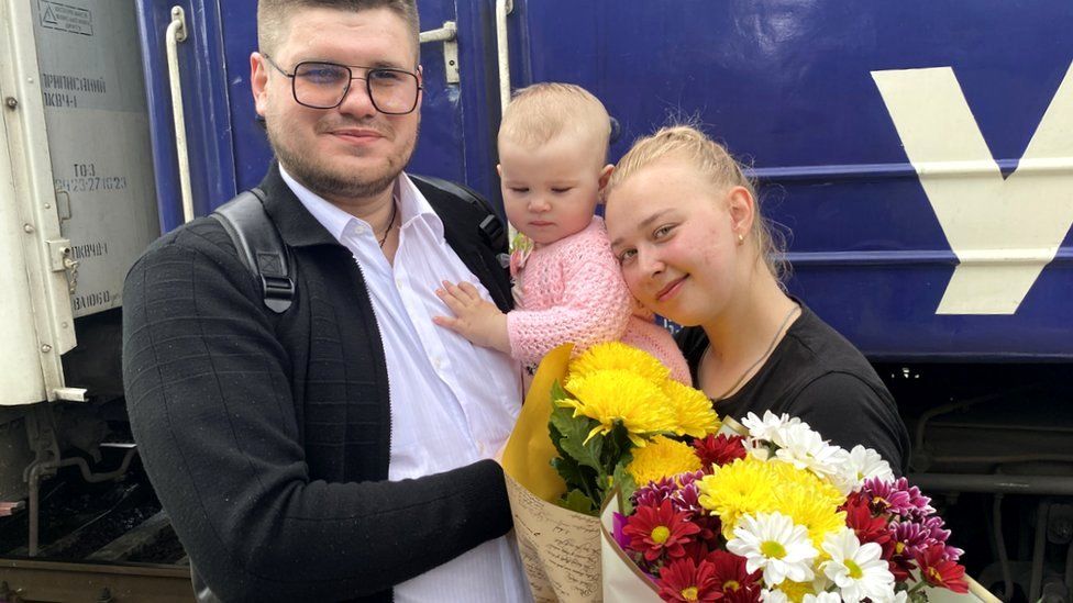 Viktoria is reunited with her husband Serhiy at Pokrovsk train station