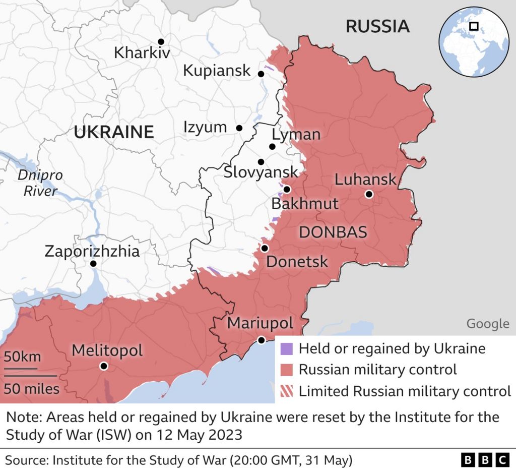 Map showing control of Ukraine's eastern regions