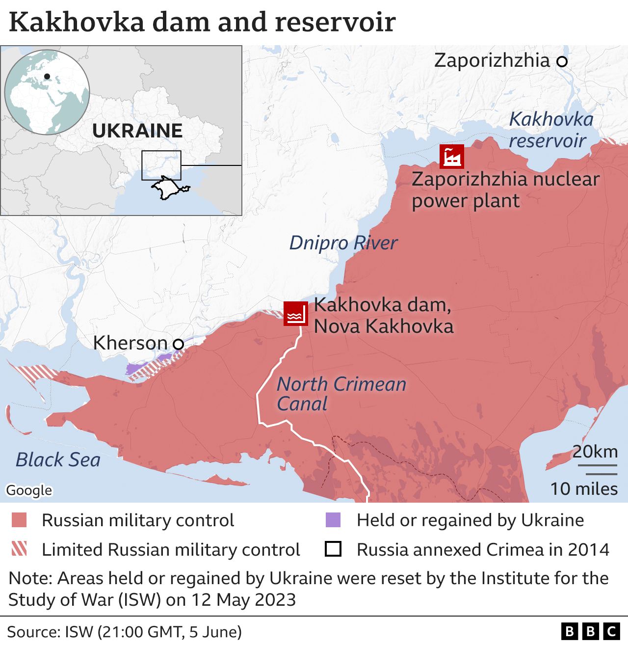 A map shows the Zaporizhzhia power plant and the Kakhova dam in Ukraine