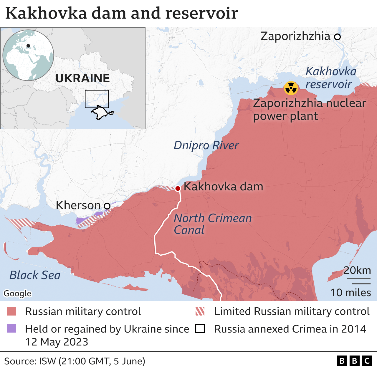 A map showing the Zaporizhzhia power plant and the Kakhova dam in Ukraine