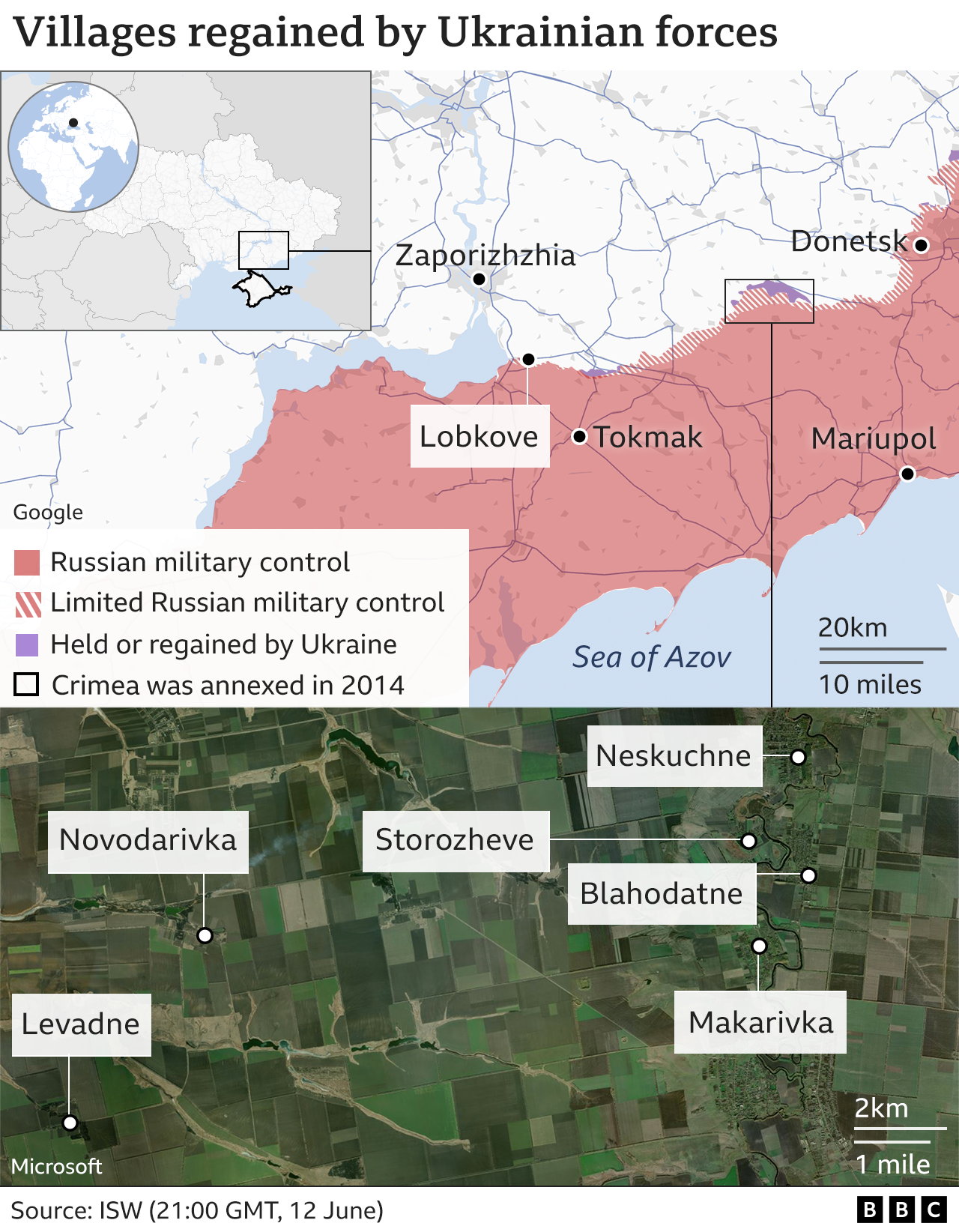 Map showing location of villages retaken by Ukrainian forces