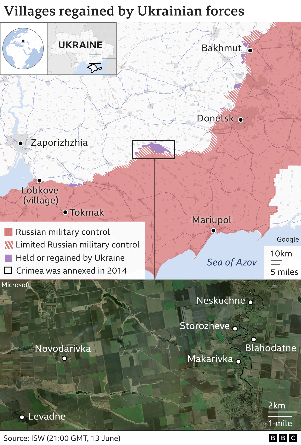 Map showing the area of Donetsk where much of the latest fighting is taking place and the seven villages Ukraine has retaken