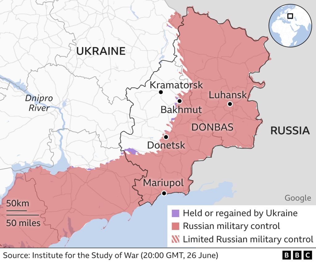 A map showing the areas of eastern Ukraine held by Russian and Ukrainian forces