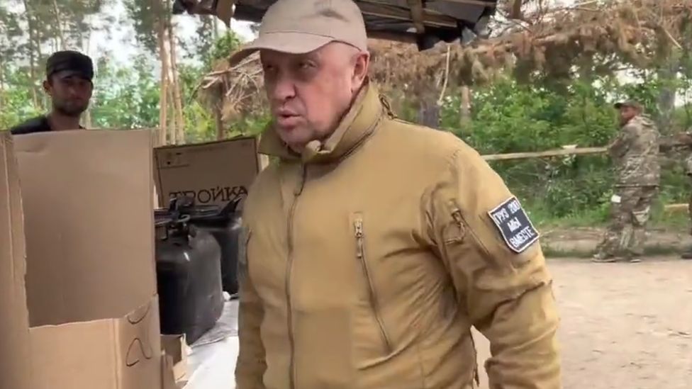 A video claiming to show Prigozhin visiting a Wagner camp on the frontline was posted on Telegram