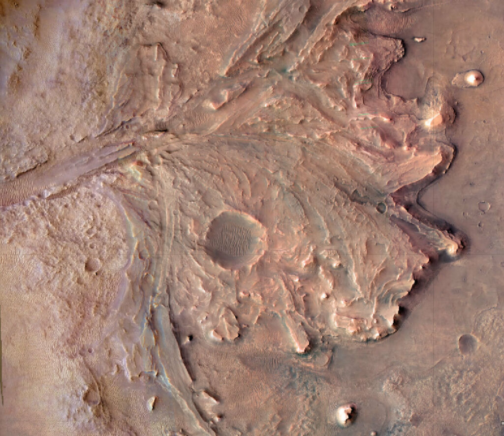 Крупный план кратера Бельва: На этом изображении с карты кратера Джезеро показана область, которую в настоящее время исследует марсоход НАСА Perseverance, включая кратер Бельва, расположенный чуть ниже центра изображения.