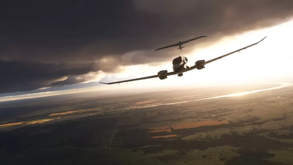 Самолет, летящий навстречу закату в Microsoft Flight Simulator 2024