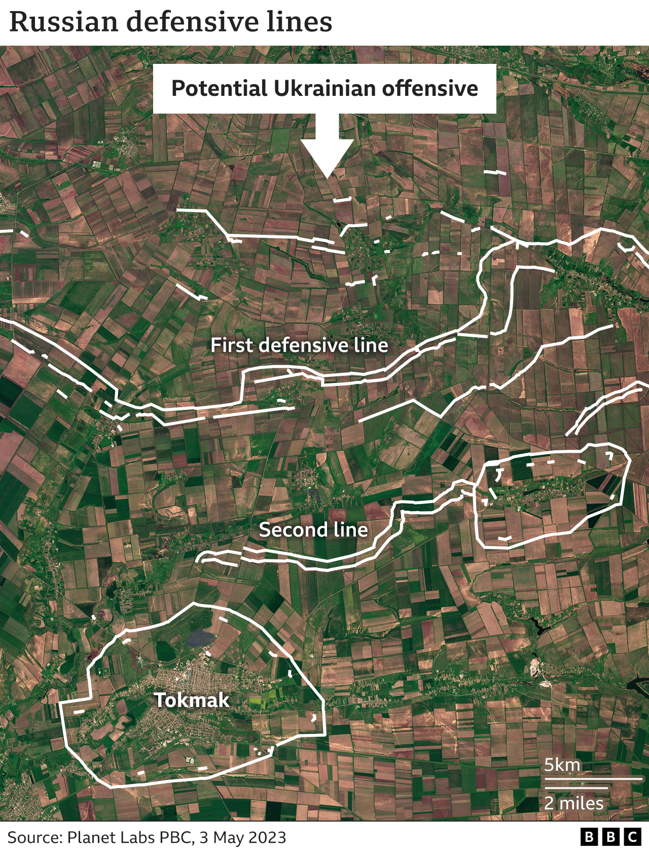 Satellite image of Tokmak with overlays highlighting two lines of trenches and a ring of further defences around the city