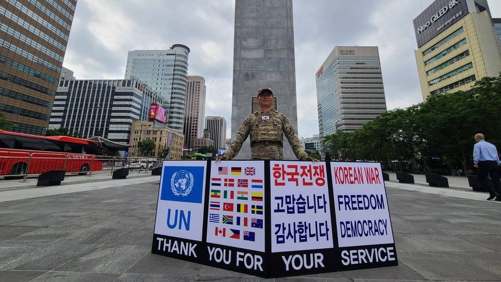 Sgt Kim is carrying out a one-man protest outside embassies in Seoul