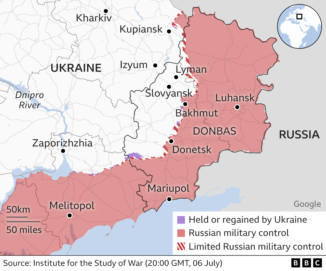 Map shows the front line in eastern Ukraine