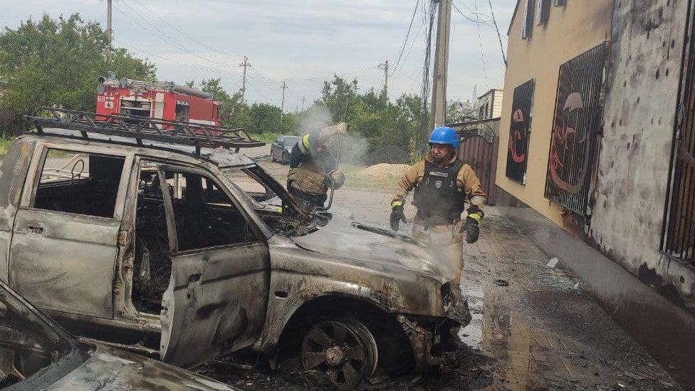 The attack caused fires in several cars, authorities say