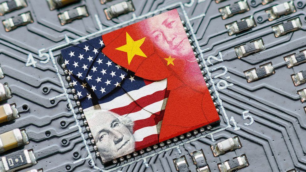 Flag of the US and China on a microchip.