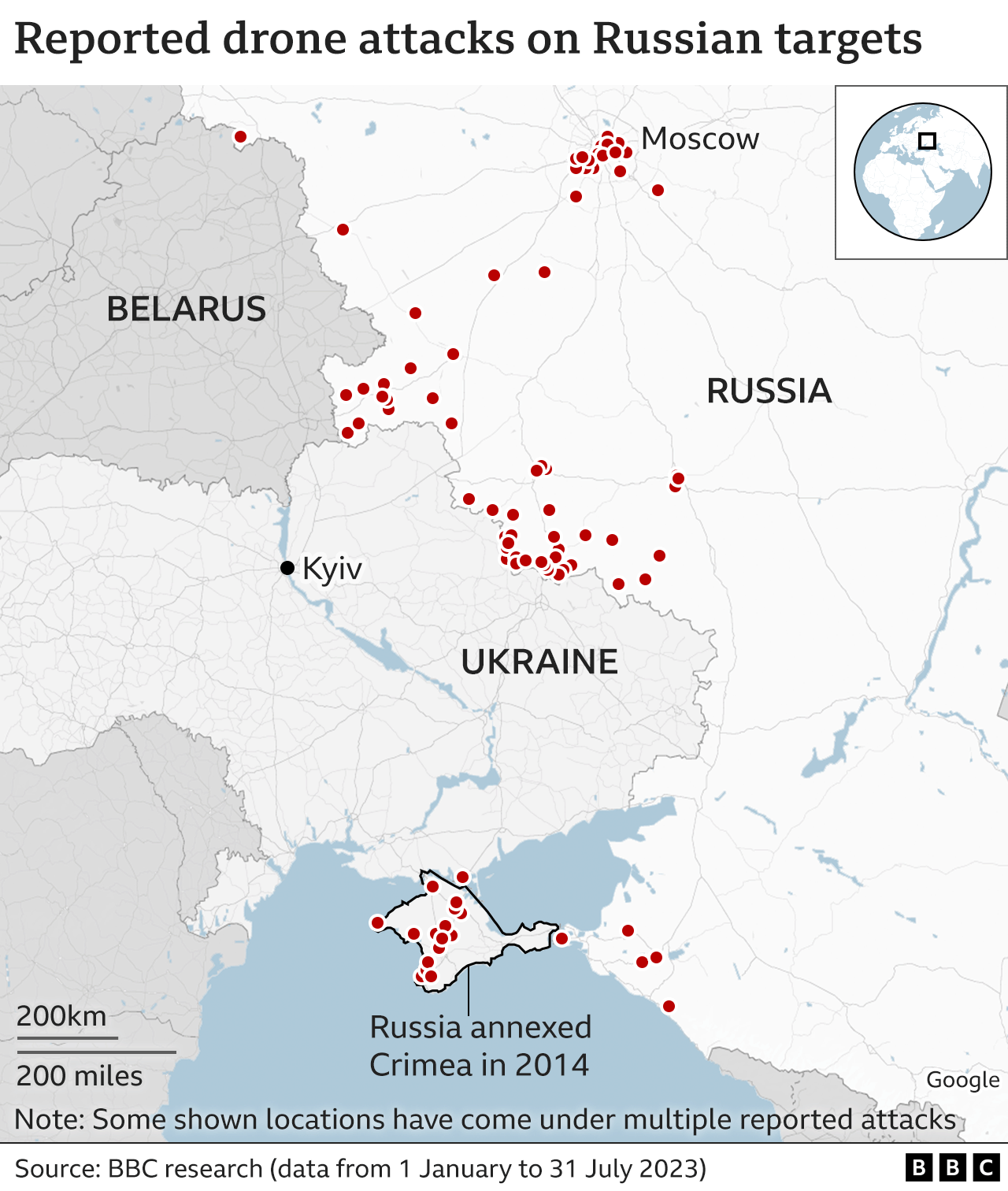 Map of drone attacks in Russia