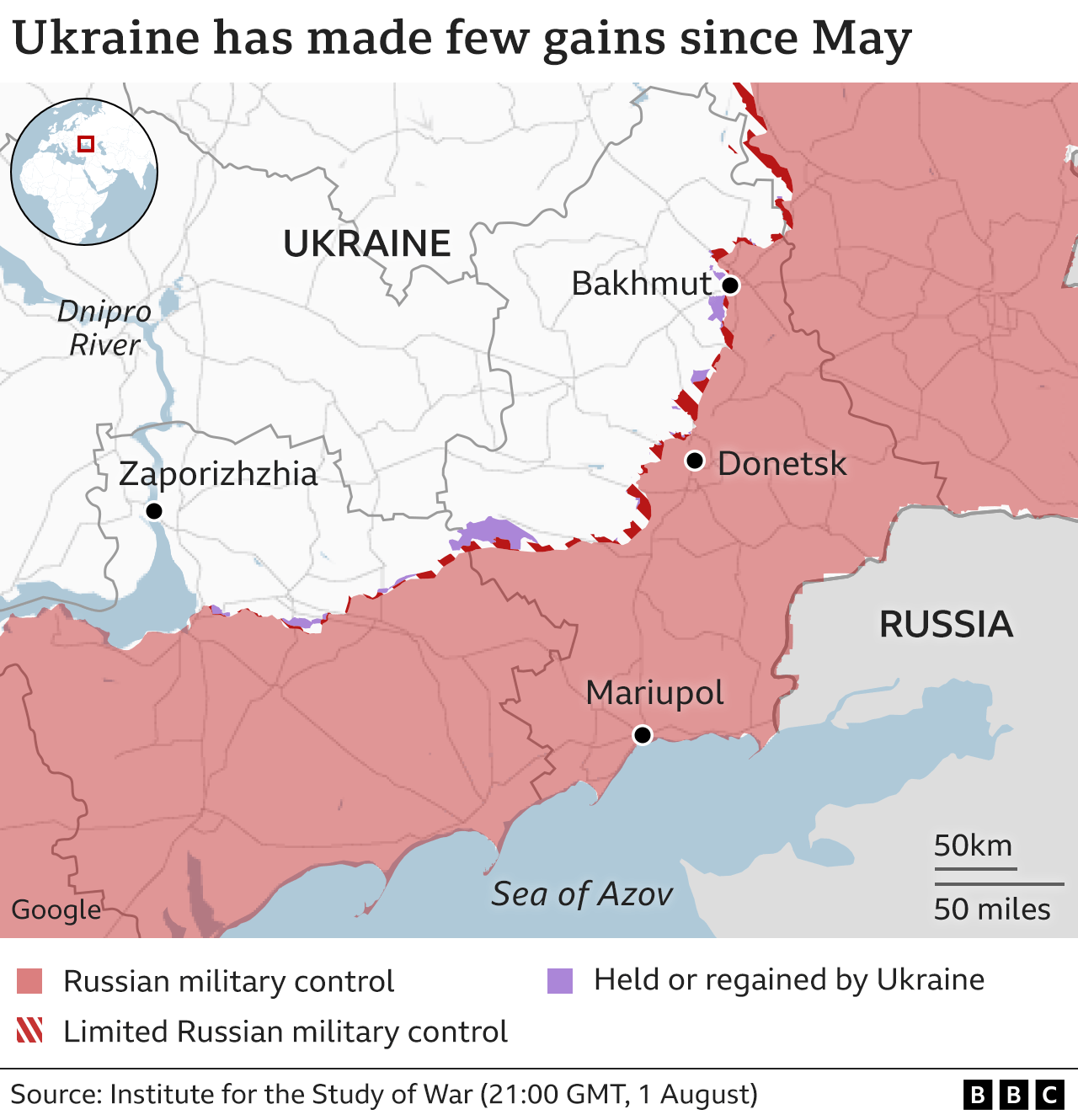 Map showing frontline across southern and eastern Ukraine