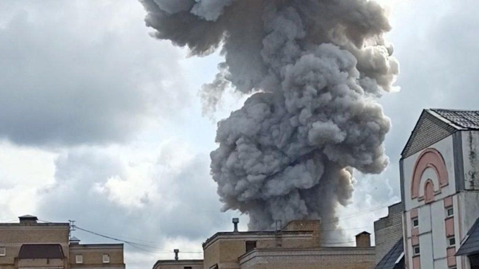 Smoke rises from a building after explosion in Sergiyev Posad, Russia, August 9, 2023